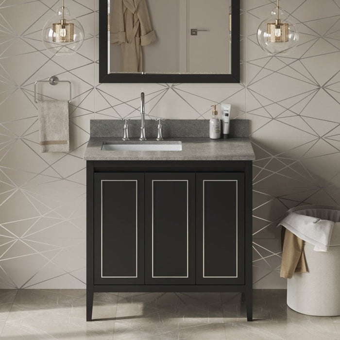 Jeffrey Alexander 36" Black Percival Vanity, left offset, Steel Grey Cultured Marble Vanity Top, undermount rectangle bowl