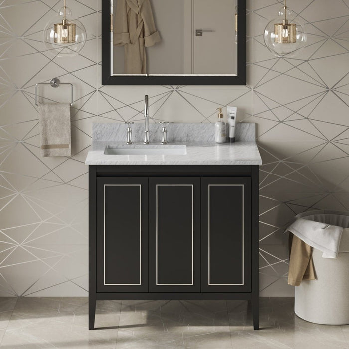 Jeffrey Alexander 36" Black Percival Vanity, left offset, White Carrara Marble Vanity Top, undermount rectangle bowl