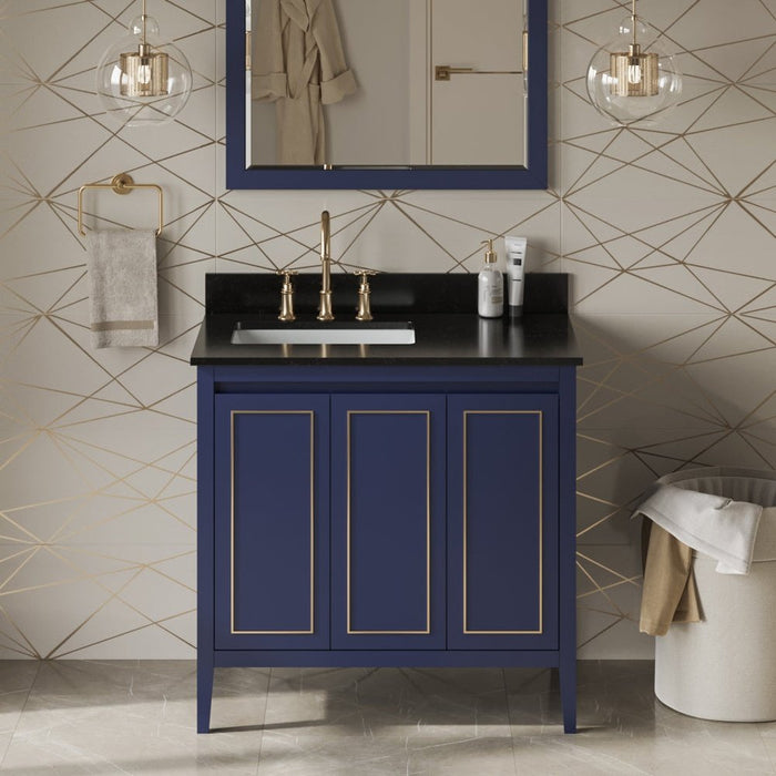 Jeffrey Alexander 36" Hale Blue Percival Vanity, left offset, Black Granite Vanity Top, undermount rectangle bowl