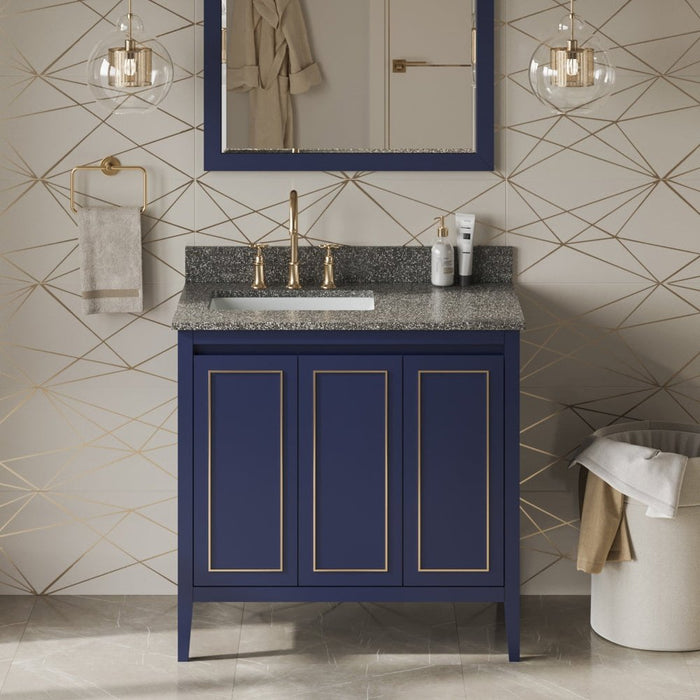 Jeffrey Alexander 36" Hale Blue Percival Vanity, left offset, Boulder Vanity Cultured Marble Vanity Top, undermount rectangle bowl