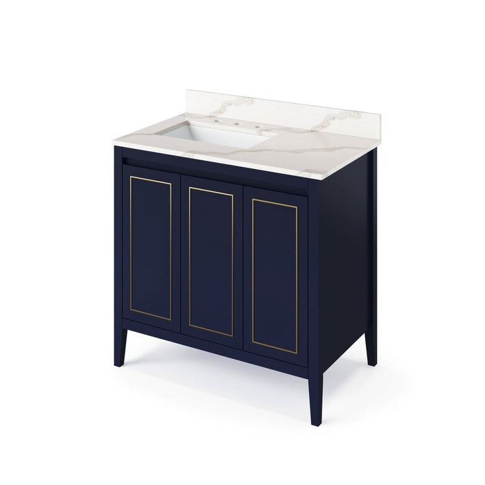 Jeffrey Alexander 36" Hale Blue Percival Vanity, left offset, Calacatta Vienna Quartz Vanity Top, undermount rectangle bowl