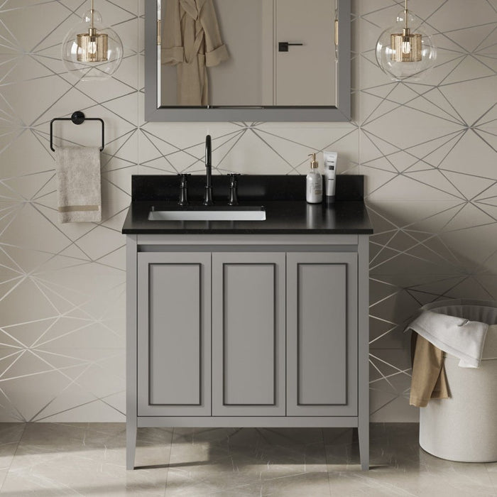 Jeffrey Alexander 36" Grey Percival Vanity, left offset, Black Granite Vanity Top, undermount rectangle bowl