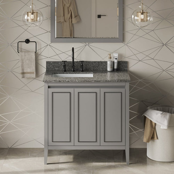 Jeffrey Alexander 36" Grey Percival Vanity, left offset, Boulder Vanity Cultured Marble Vanity Top, undermount rectangle bowl