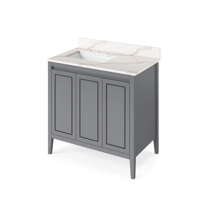 Jeffrey Alexander 36" Grey Percival Vanity, left offset, Calacatta Vienna Quartz Vanity Top, undermount rectangle bowl