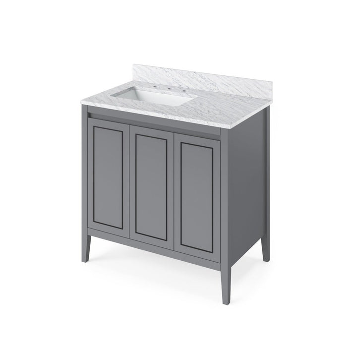 Jeffrey Alexander 36" Grey Percival Vanity, left offset, White Carrara Marble Vanity Top, undermount rectangle bowl