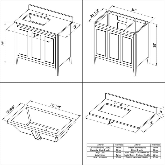 Jeffrey Alexander 36" White Percival Vanity, left offset, White Carrara Marble Vanity Top, undermount rectangle bowl