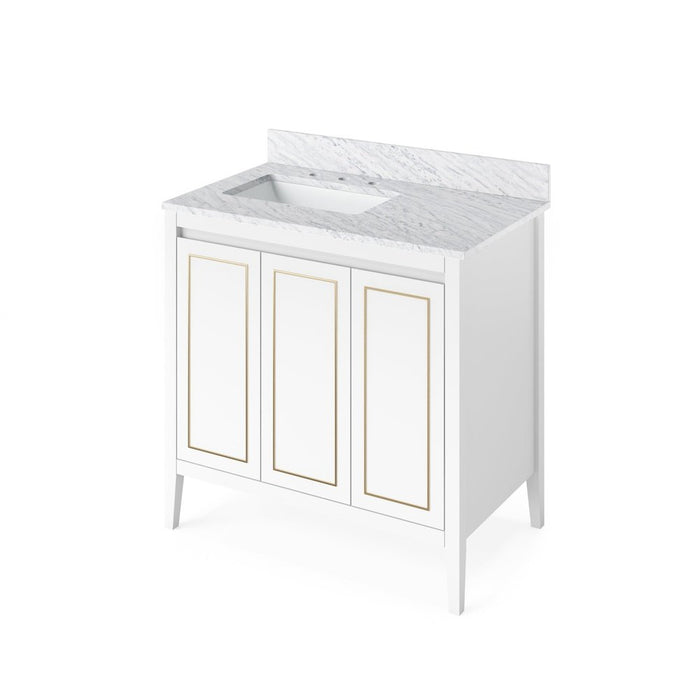 Jeffrey Alexander 36" White Percival Vanity, left offset, White Carrara Marble Vanity Top, undermount rectangle bowl