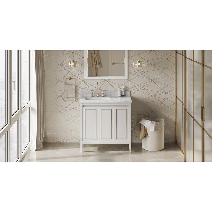 Jeffrey Alexander 36" White Percival Vanity, left offset, White Carrara Marble Vanity Top, undermount rectangle bowl