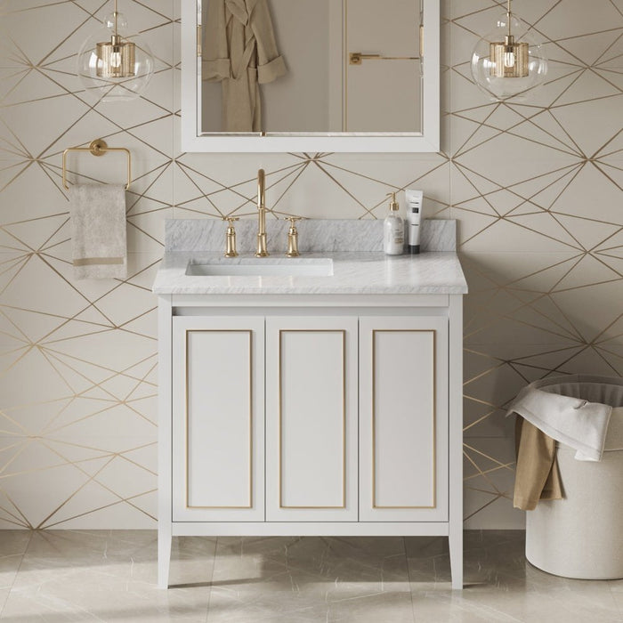 Jeffrey Alexander 36" White Percival Vanity, left offset, White Carrara Marble Vanity Top, undermount rectangle bowl