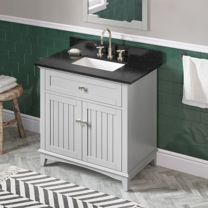 Jeffrey Alexander 36" Grey Savino Vanity, Black Granite Vanity Top, undermount rectangle bowl