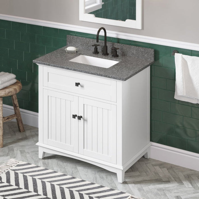 Jeffrey Alexander 36" White Savino Vanity, Boulder Cultured Marble Vanity Top, undermount rectangle bowl