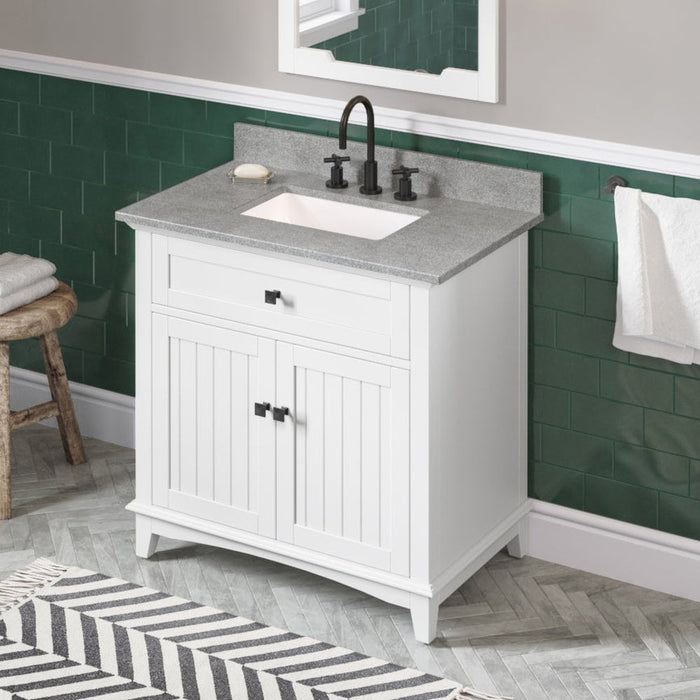 Jeffrey Alexander 36" White Savino Vanity, Steel Grey Cultured Marble Vanity Top, undermount rectangle bowl