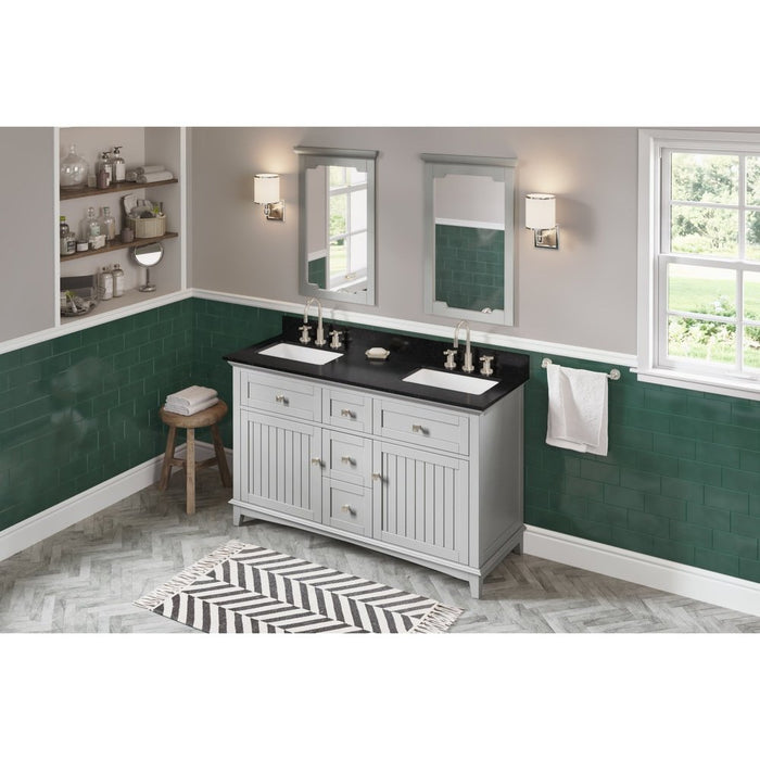 Jeffrey Alexander 60" Grey Savino Vanity, double bowl, Black Granite Vanity Top, two undermount rectangle bowls