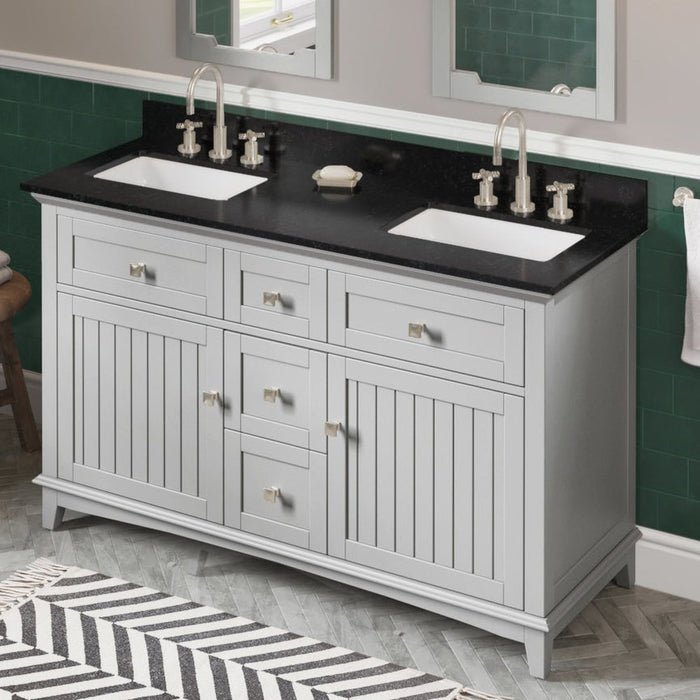 Jeffrey Alexander 60" Grey Savino Vanity, double bowl, Black Granite Vanity Top, two undermount rectangle bowls