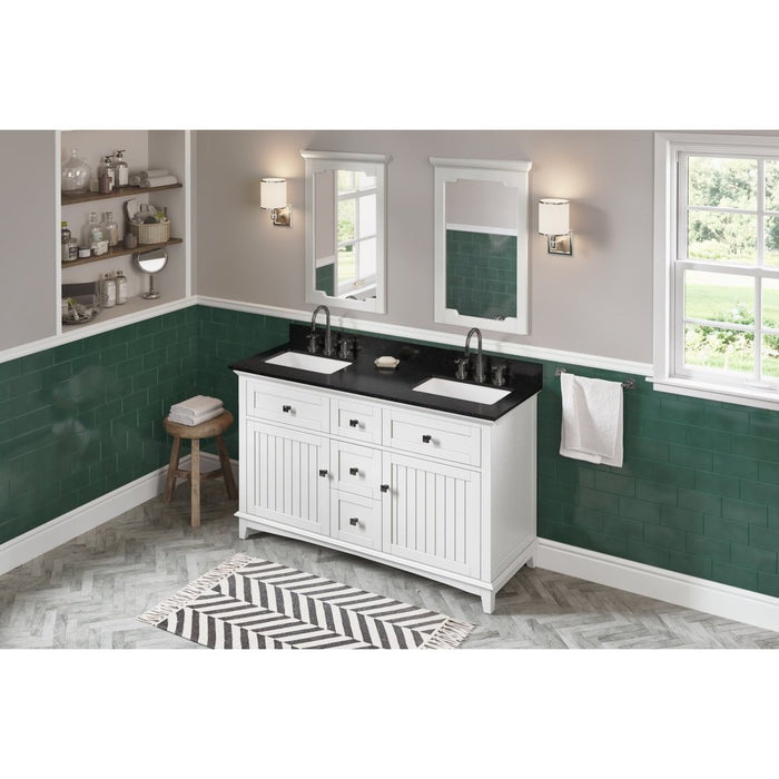 Jeffrey Alexander 60" White Savino Vanity, double bowl, Black Granite Vanity Top, two undermount rectangle bowls