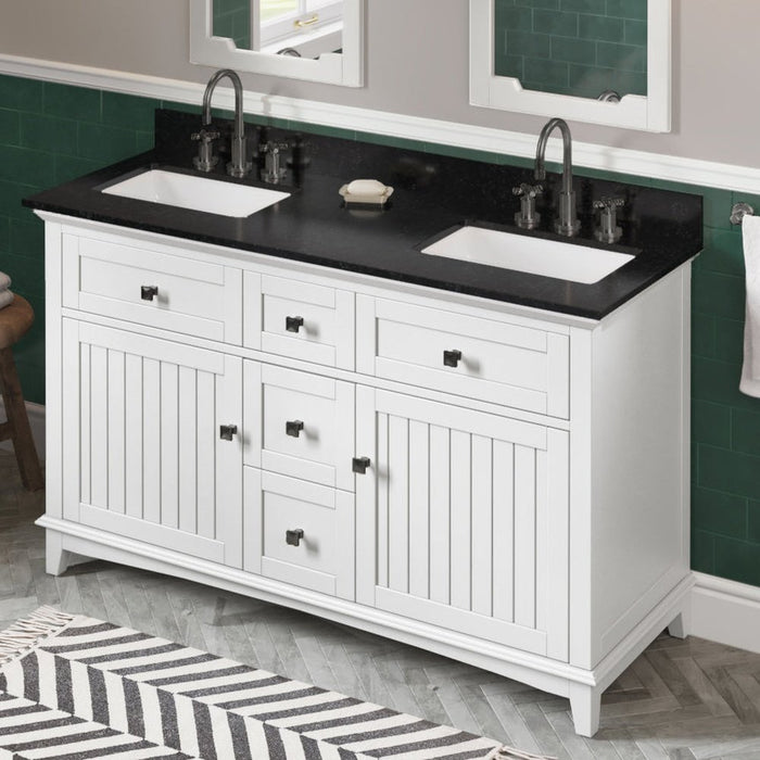 Jeffrey Alexander 60" White Savino Vanity, double bowl, Black Granite Vanity Top, two undermount rectangle bowls