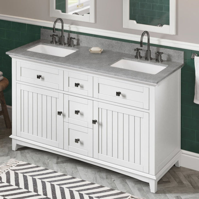 Jeffrey Alexander 60" White Savino Vanity, double bowl, Steel Grey Cultured Marble Vanity Top, two undermount rectangle bowls