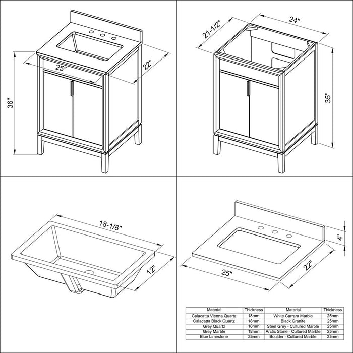 Jeffrey Alexander 24" Black Theodora Vanity, Steel Grey Cultured Marble Vanity Top, undermount rectangle bowl