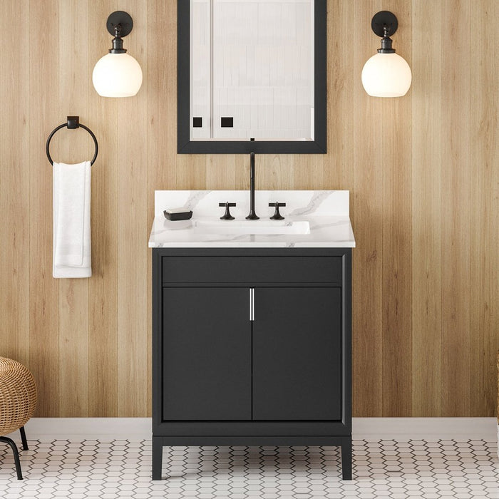 Jeffrey Alexander 30" Black Theodora Vanity, Calacatta Vienna Quartz Vanity Top, undermount rectangle bowl