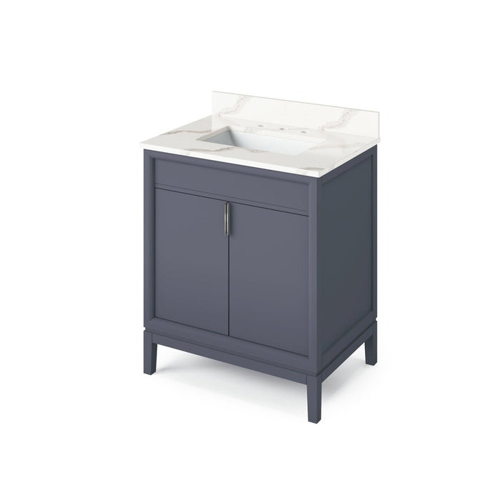 Jeffrey Alexander 30" Blue Steel Theodora Vanity, Calacatta Vienna Quartz Vanity Top, undermount rectangle bowl