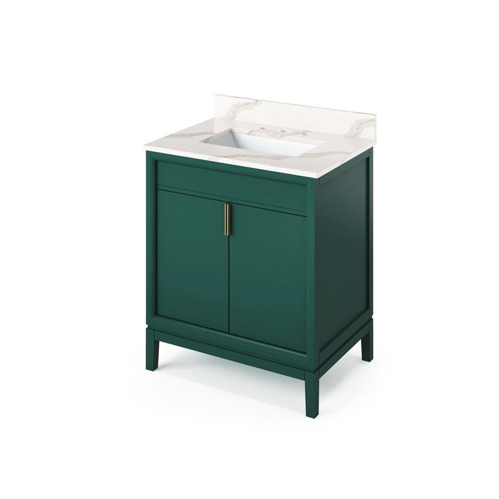 Jeffrey Alexander 30" Forest Green Theodora Vanity, Calacatta Vienna Quartz Vanity Top, undermount rectangle bowl