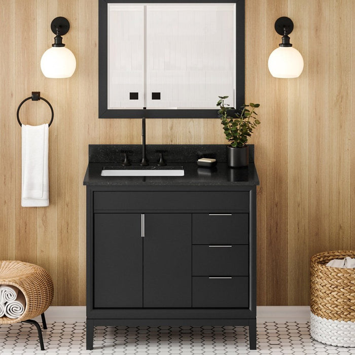 Jeffrey Alexander 36" Black Theodora Vanity, left offset, Black Granite Vanity Top, undermount rectangle bowl