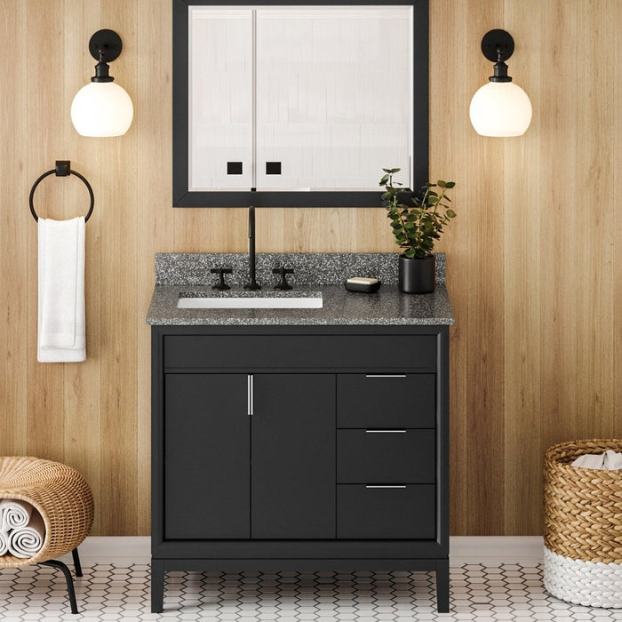 Jeffrey Alexander 36" Black Theodora Vanity, left offset, Boulder Vanity Cultured Marble Vanity Top, undermount rectangle bowl