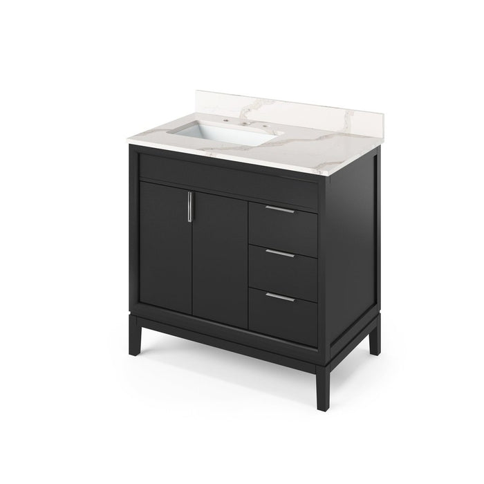 Jeffrey Alexander 36" Black Theodora Vanity, left offset, Calacatta Vienna Quartz Vanity Top, undermount rectangle bowl