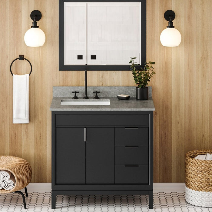 Jeffrey Alexander 36" Black Theodora Vanity, left offset, Steel Grey Cultured Marble Vanity Top, undermount rectangle bowl