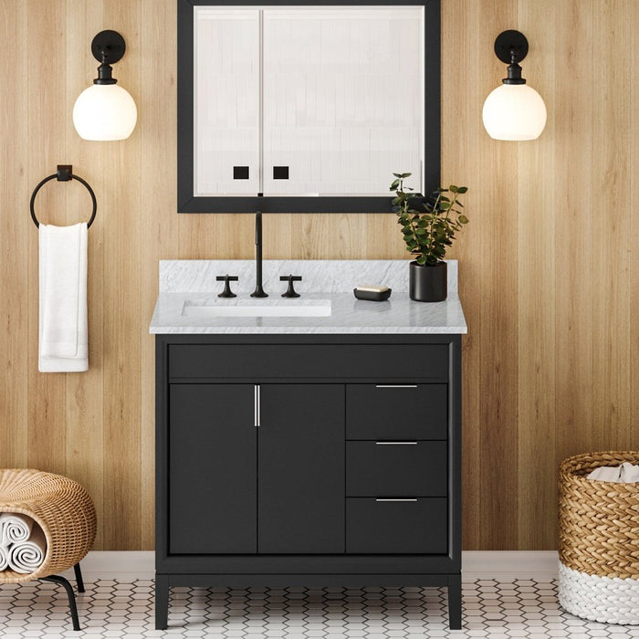 Jeffrey Alexander 36" Black Theodora Vanity, left offset, White Carrara Marble Vanity Top, undermount rectangle bowl