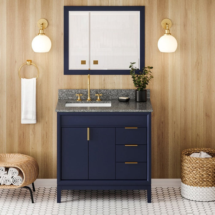 Jeffrey Alexander 36" Hale Blue Theodora Vanity, left offset, Boulder Vanity Cultured Marble Vanity Top, undermount rectangle bowl