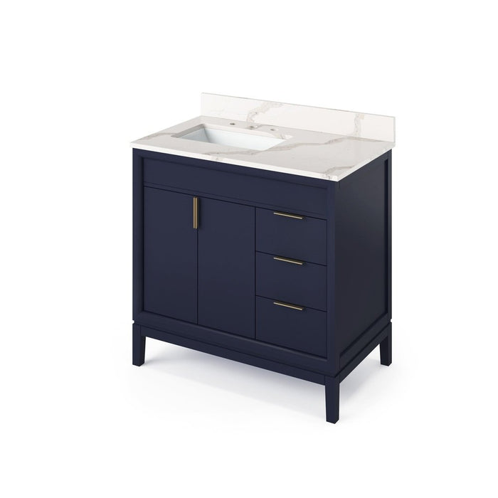 Jeffrey Alexander 36" Hale Blue Theodora Vanity, left offset, Calacatta Vienna Quartz Vanity Top, undermount rectangle bowl