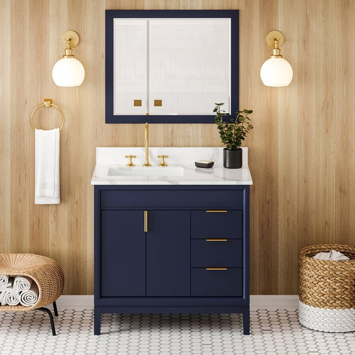 Jeffrey Alexander 36" Hale Blue Theodora Vanity, left offset, Calacatta Vienna Quartz Vanity Top, undermount rectangle bowl