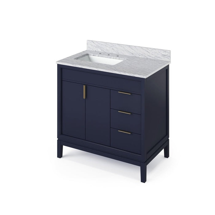 Jeffrey Alexander 36" Hale Blue Theodora Vanity, left offset, White Carrara Marble Vanity Top, undermount rectangle bowl