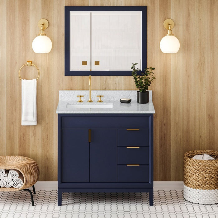 Jeffrey Alexander 36" Hale Blue Theodora Vanity, left offset, White Carrara Marble Vanity Top, undermount rectangle bowl