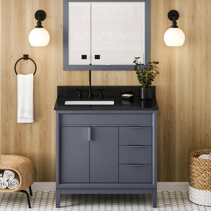 Jeffrey Alexander 36" Blue Steel Theodora Vanity, left offset, Black Granite Vanity Top, undermount rectangle bowl