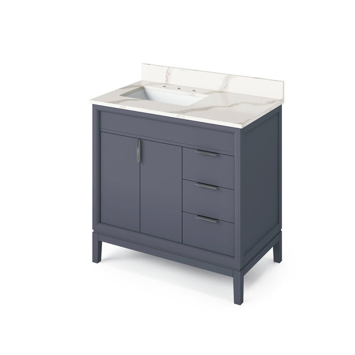 Jeffrey Alexander 36" Blue Steel Theodora Vanity, left offset, Calacatta Vienna Quartz Vanity Top, undermount rectangle bowl