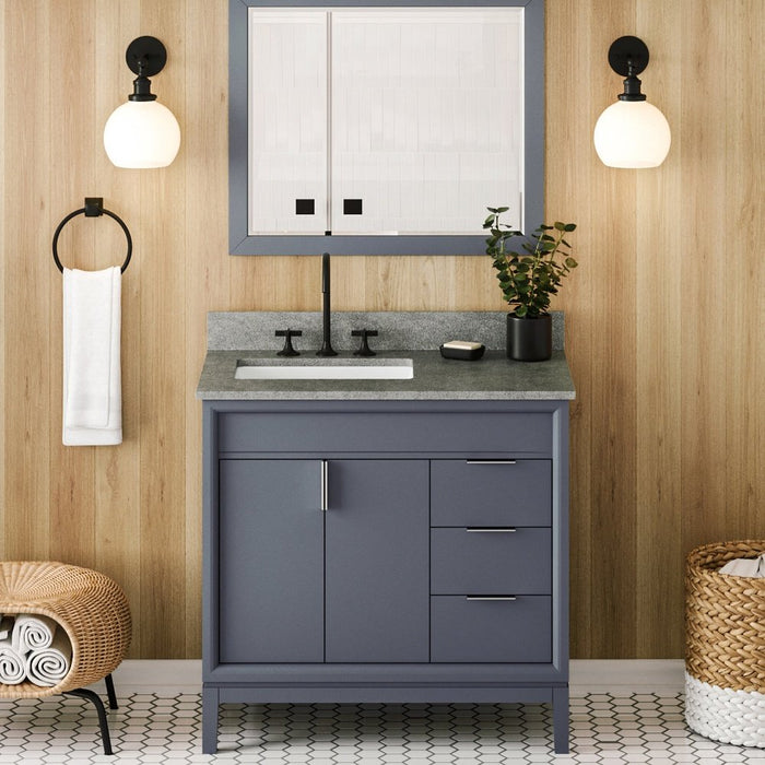 Jeffrey Alexander 36" Blue Steel Theodora Vanity, left offset, Steel Grey Cultured Marble Vanity Top, undermount rectangle bowl