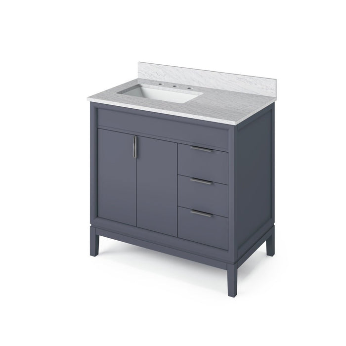 Jeffrey Alexander 36" Blue Steel Theodora Vanity, left offset, White Carrara Marble Vanity Top, undermount rectangle bowl