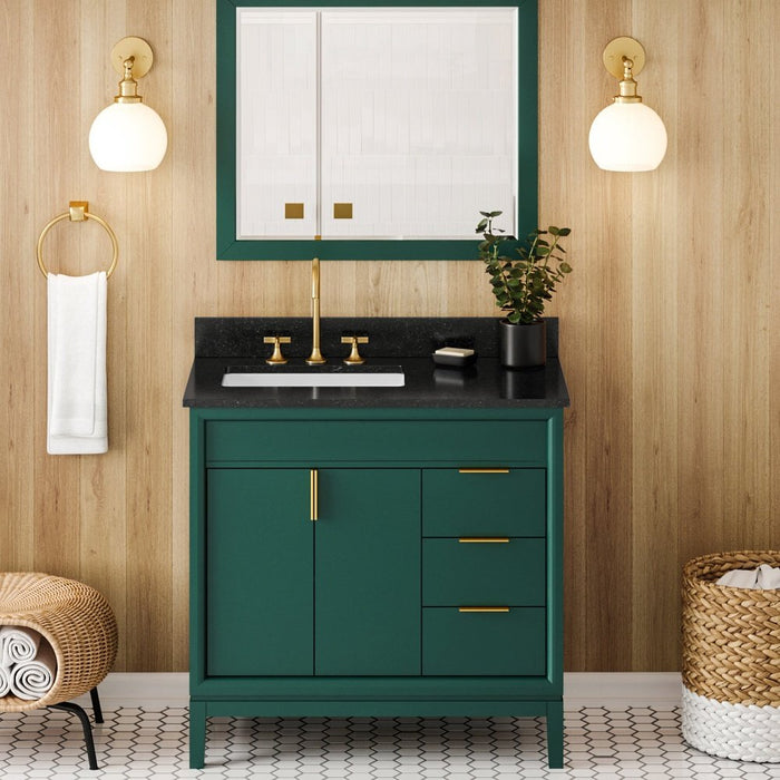 Jeffrey Alexander 36" Forest Green Theodora Vanity, left offset, Black Granite Vanity Top, undermount rectangle bowl