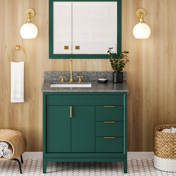 Jeffrey Alexander 36" Forest Green Theodora Vanity, left offset, Boulder Vanity Cultured Marble Vanity Top, undermount rectangle bowl