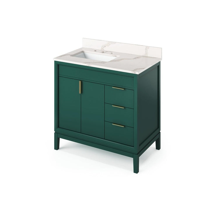 Jeffrey Alexander 36" Forest Green Theodora Vanity, left offset, Calacatta Vienna Quartz Vanity Top, undermount rectangle bowl