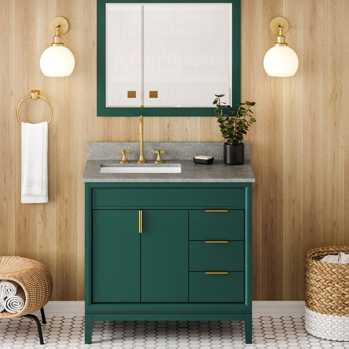 Jeffrey Alexander 36" Forest Green Theodora Vanity, left offset, Steel Grey Cultured Marble Vanity Top, undermount rectangle bowl