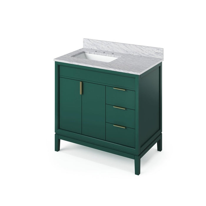 Jeffrey Alexander 36" Forest Green Theodora Vanity, left offset, White Carrara Marble Vanity Top, undermount rectangle bowl