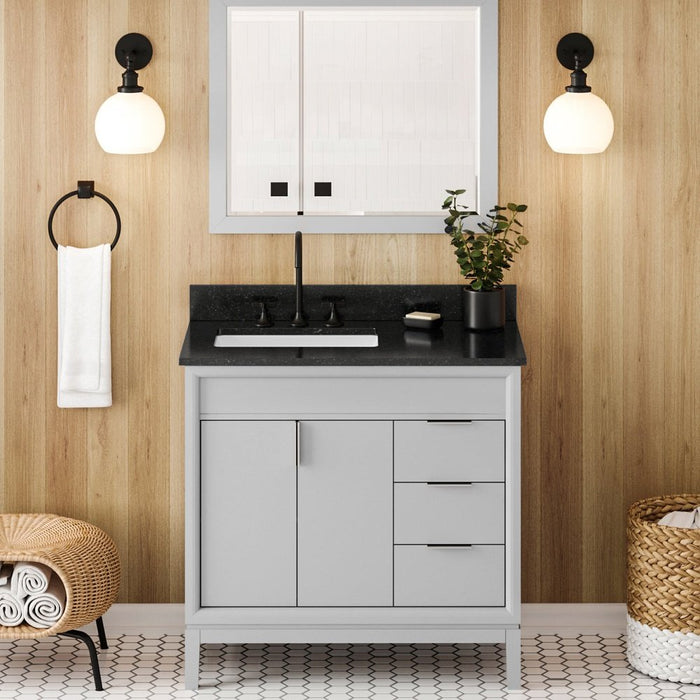 Jeffrey Alexander 36" Grey Theodora Vanity, left offset, Black Granite Vanity Top, undermount rectangle bowl