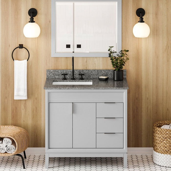 Jeffrey Alexander 36" Grey Theodora Vanity, left offset, Boulder Vanity Cultured Marble Vanity Top, undermount rectangle bowl