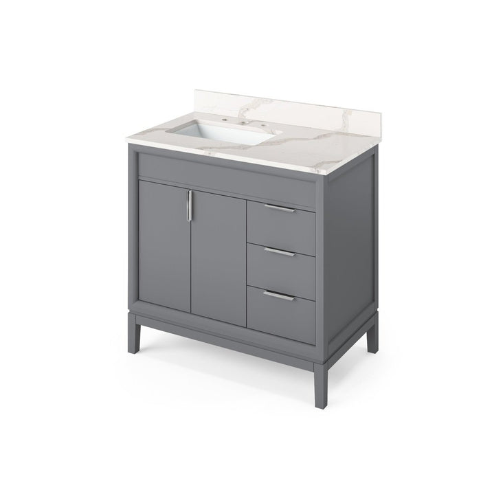 Jeffrey Alexander 36" Grey Theodora Vanity, left offset, Calacatta Vienna Quartz Vanity Top, undermount rectangle bowl