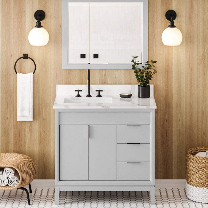 Jeffrey Alexander 36" Grey Theodora Vanity, left offset, Calacatta Vienna Quartz Vanity Top, undermount rectangle bowl