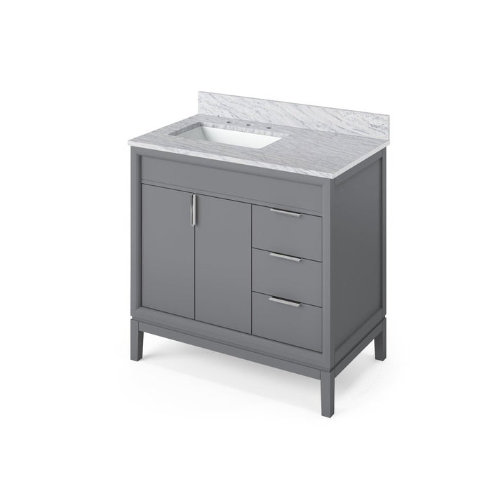 Jeffrey Alexander 36" Grey Theodora Vanity, left offset, White Carrara Marble Vanity Top, undermount rectangle bowl