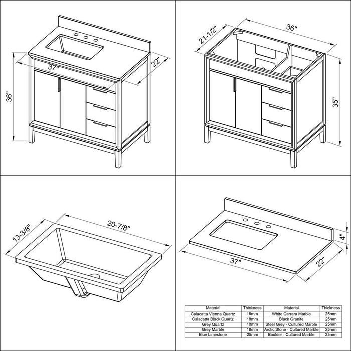 Jeffrey Alexander 36" Grey Theodora Vanity, left offset, Calacatta Vienna Quartz Vanity Top, undermount rectangle bowl